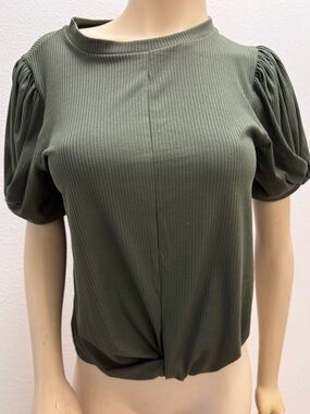 Haute Monde Olive Green Ribbed Puff-Sleeve Tee